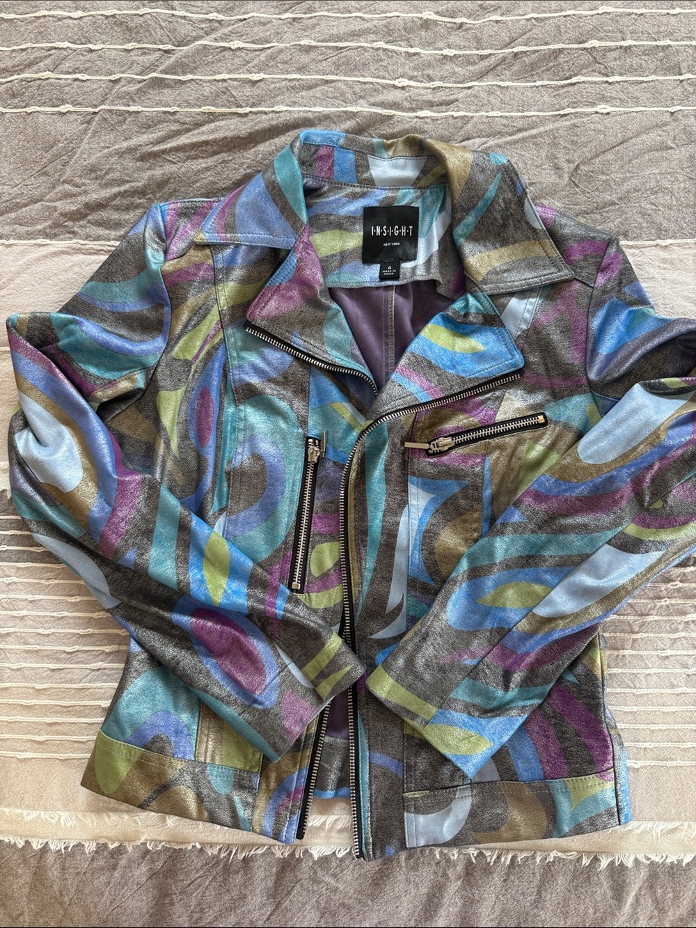Insight Multicolor Abstract Leather Moto Jacket - Blue, Purple & Green Accents